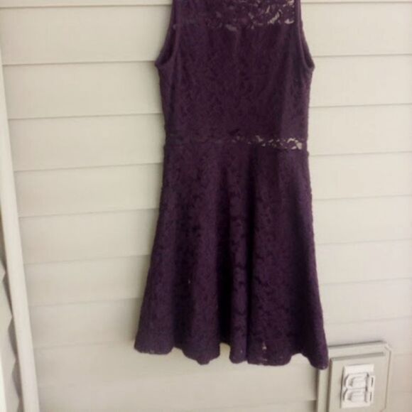 Garage Brand Mini Skater Dress Lace Eggplant Color Sheer Neck and Waist size XS - Picture 4 of 7